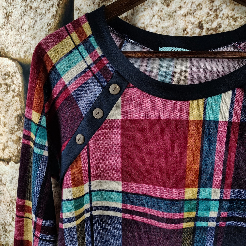 P. S. Kate Colorful Plaid Long Sleeve Top Women's Size Large - Picture 3 of 7